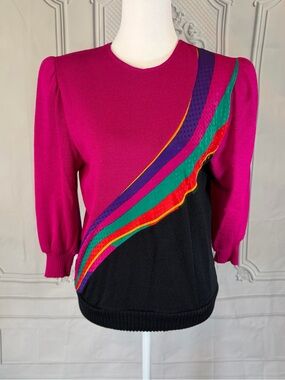Vintage 80s Anthony Sicari Colorblock Rainbow Stripe Sweater Size 6 Made In USA